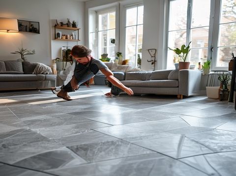 Tegelzetter legt grote vloertegels in een moderne woonkamer