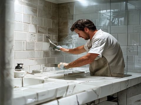 Vakkundige tegelzetter betegelt de wand van een badkamer