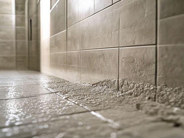 Tegelzetter plaatst wandtegels in een douche met nauwkeurige voeg